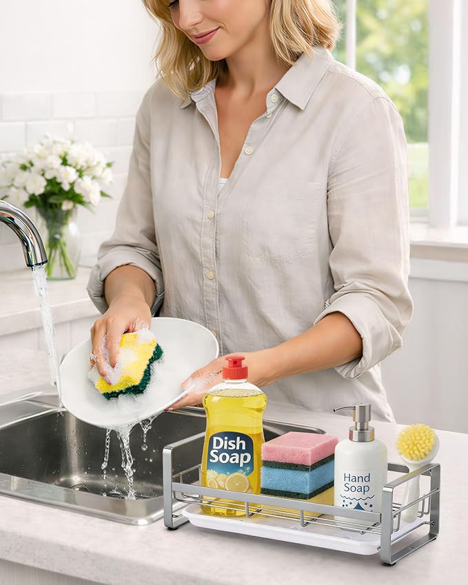 HULISEN Large Sponge Holder, 304 Stainless Steel Kitchen Soap Dispenser Caddy - Image 3