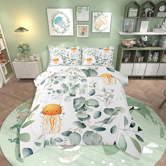 Erosebridal Kawaii Jellyfish Bedding Queen Size for Boys Girls Cartoon Animal Comforter Set Queen, Eucalyptus Leaves Duvet Insert Ocean Wildlife Quilt Set, Tropical Plants Bedding Comforters & Sets