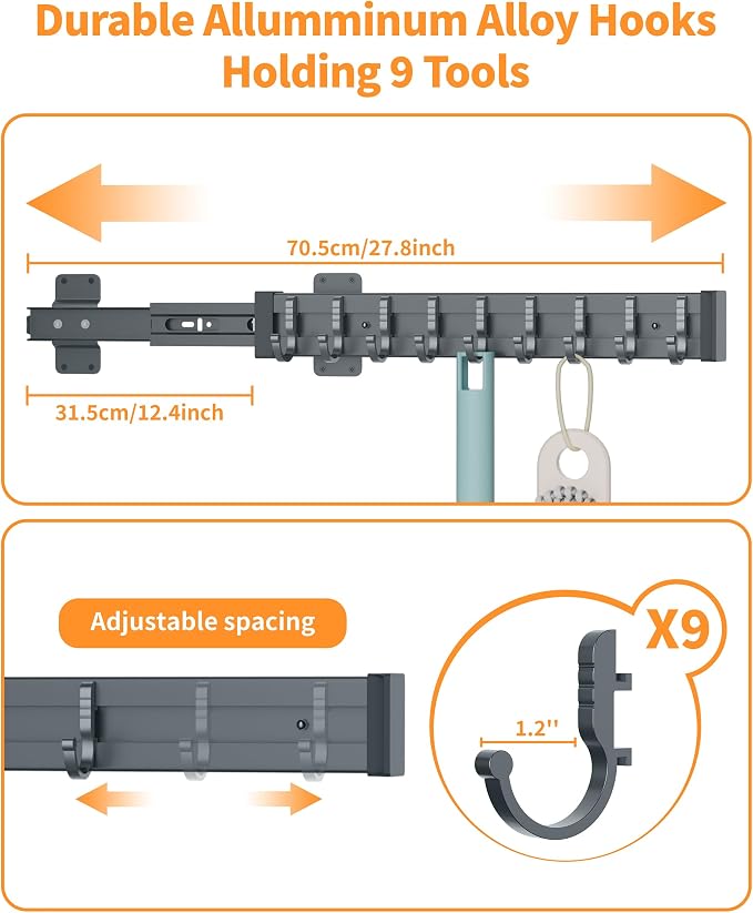 Pull Out Broom Holder With 9 Adjustable Sliding Hook, - Image 4