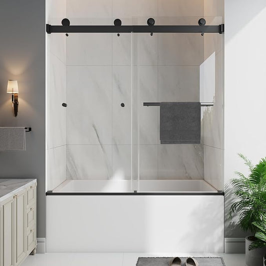 Frameless Bathtub Shower Door, 55-60" W x 60" H Double Sliding Tub Shower Door by EASYWORC