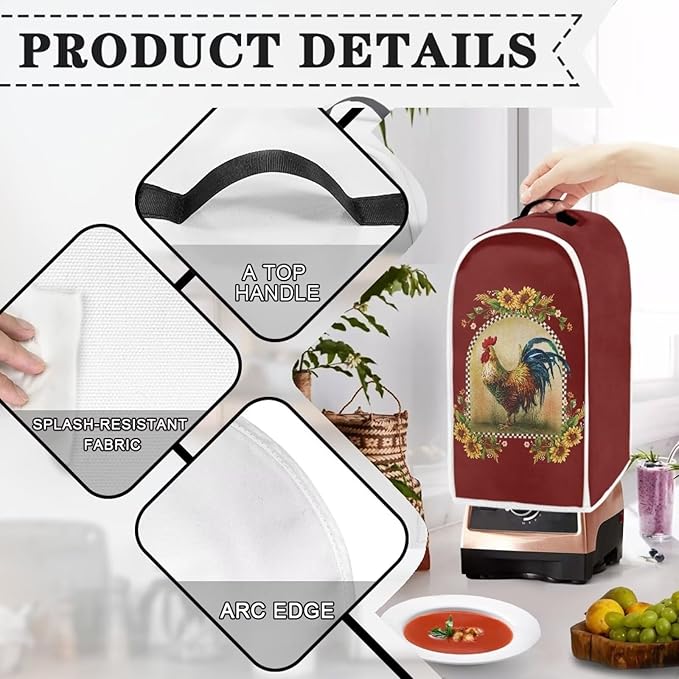 Sunflower Rooster Print Blender Dust Cover, Stand Mixer or Coffee Maker Appliance Cover, Anti Fingerprint Polyester Dust Proof Stain Resistant Blender Cover for Home Kitchen