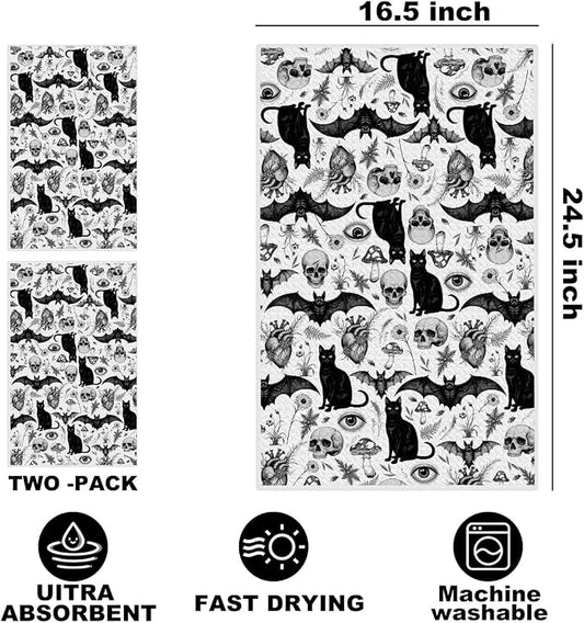 2Pcs Skeleton Cat Kitchen Towels, Mushroom Durable Microfiber Tea Towels - Image 2