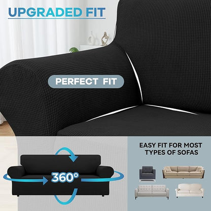 LURKA Stretch Sofa Slipcovers Couch Covers for 3 Cushion Couch Sofa Pet Friendly Non Slip Sofa Cover Washable Furniture Protector with Elastic Bottom (Large, Black)