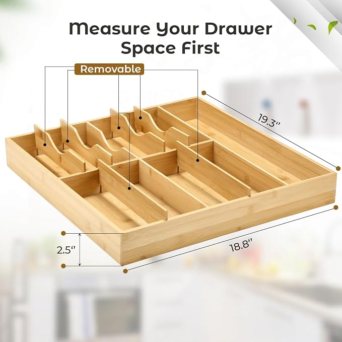 Fabsome Silverware Organizer for Kitchen Drawers, 2.5'' Deep 18.8'' Wide Bamboo - Image 2