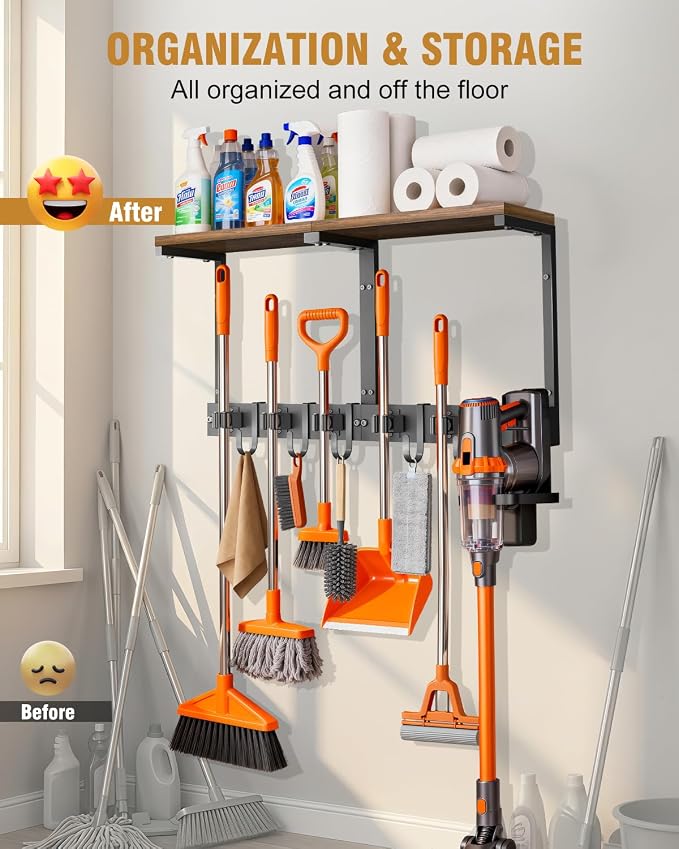 Broom Holder Wall Mount with Top Wooden Shelf, Heavy Duty Metal Cleaning - Image 3