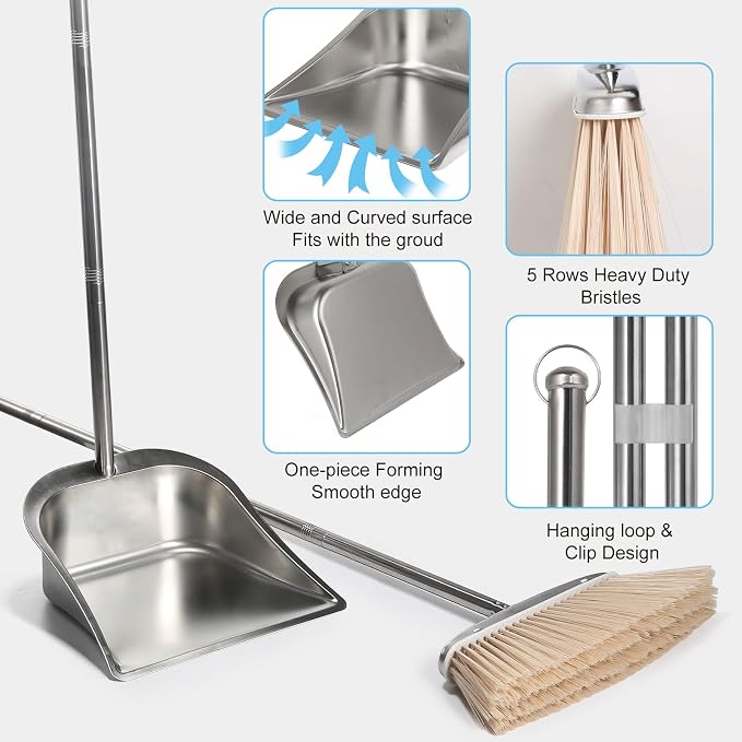 VOOWO Broom and Dustpan Set for Home, Stainless Steel Broom and Dustpan Set - Image 4