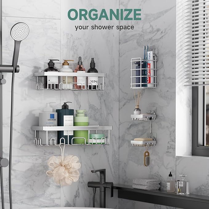 Veken Adhesive Shower Caddy 5-Pack, Heavy Weight Bearing, Large Wall Mounted - Image 5