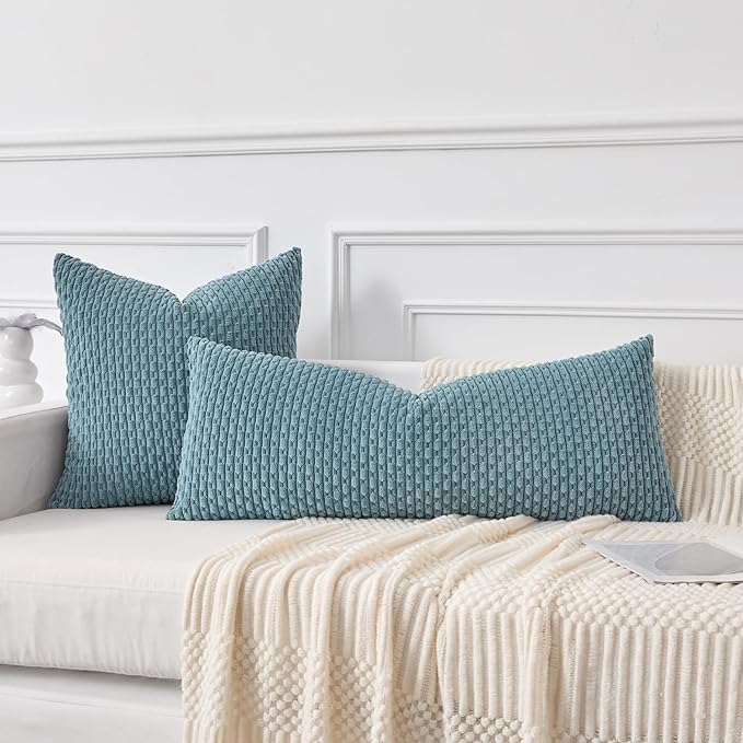 Kevin Textile 14x36 Inch Long Lumbar 1 Pack Boho Decorative Throw Pillow Cover Soft Striped Corduroy Rectangle Cushion Case Farmhouse Solid Color Accent for Living Room Couch Sofa Bed, Blue Grey