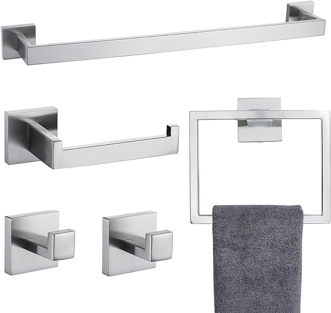 TNOMS Bathroom Towel Bar Set 5 Pieces Brushed Nickel Square Modern Bathroom by TNOMS