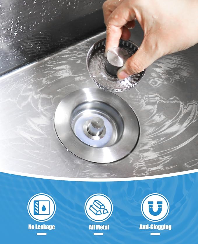Kitchen Sink Drain Strainer, 3 in 1 All Stainless Steel Sink Strainer, Pop Up - Image 2