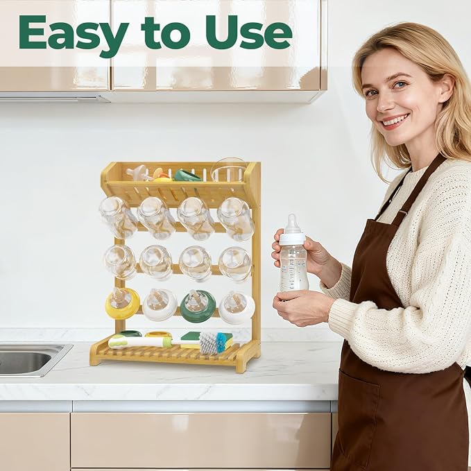 EsLuker.ly Baby Bottle Drying Rack Bamboo Vertical Dryer Holder, Space Saving - Image 7