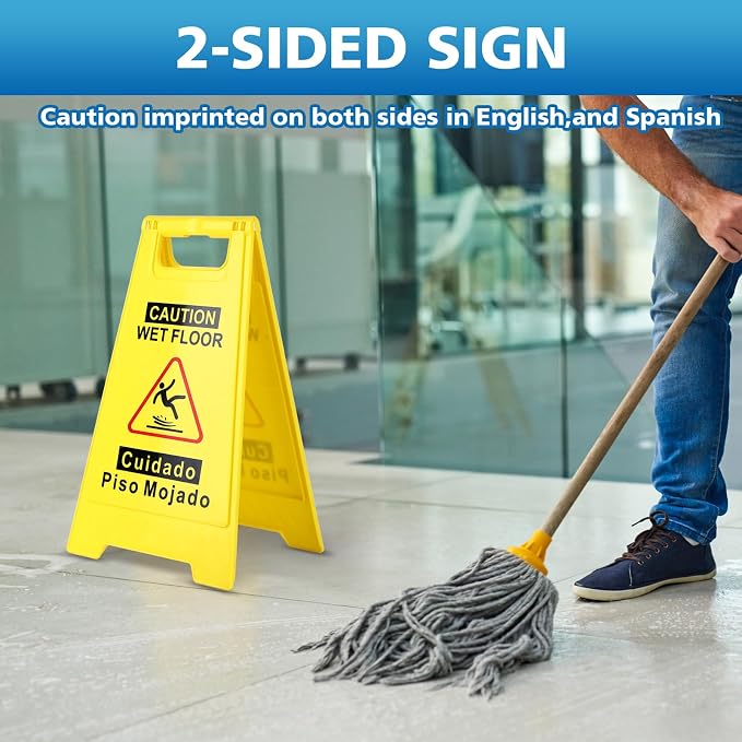 3-Pack Caution Wet Floor Sign, 17.5" Height, Bright Yellow Double-Sided Folding - Image 5