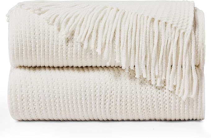 inhand Throw Blanket for Couch Bed,Chunky Chenille Woven Soft Blankets with Tassels,Cozy Boho Farmhouse Fall Winter Decor,Warm for Women,50"x60",Medium Thick-Off White