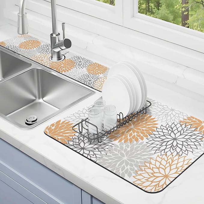 Dish Drying Mat for Kitchen Counter Matt, Super Absorbent Non-slip Rubber Backed by Kuyig+Home