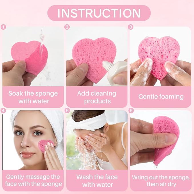 50-Count Heart Shape Compressed Facial Sponges, 100% Natural Cellulose Face - Image 3