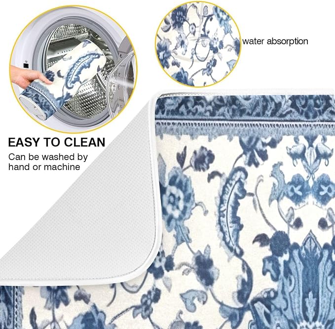 Dish Drying Mat Kitchen Counter Absorbent Blue and White Pattern Coffee Sink - Image 2