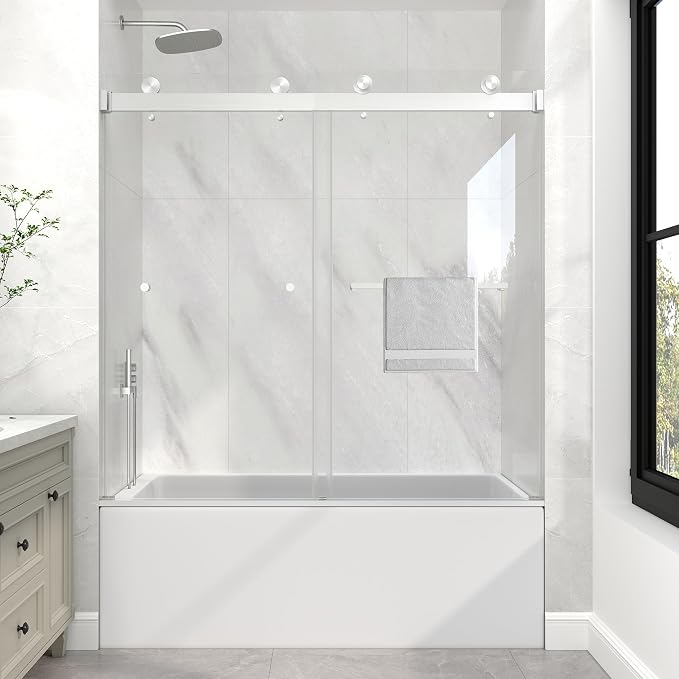 KPUY Frameless Tub Shower Door, 55-60" W x 60" H Double Sliding Bathtub Door by KPUY
