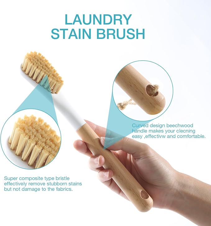 Wood Laundry Brush, OSCIOSS Laundry Stain Brush wth Long Handle and Soft Bristle - Image 2