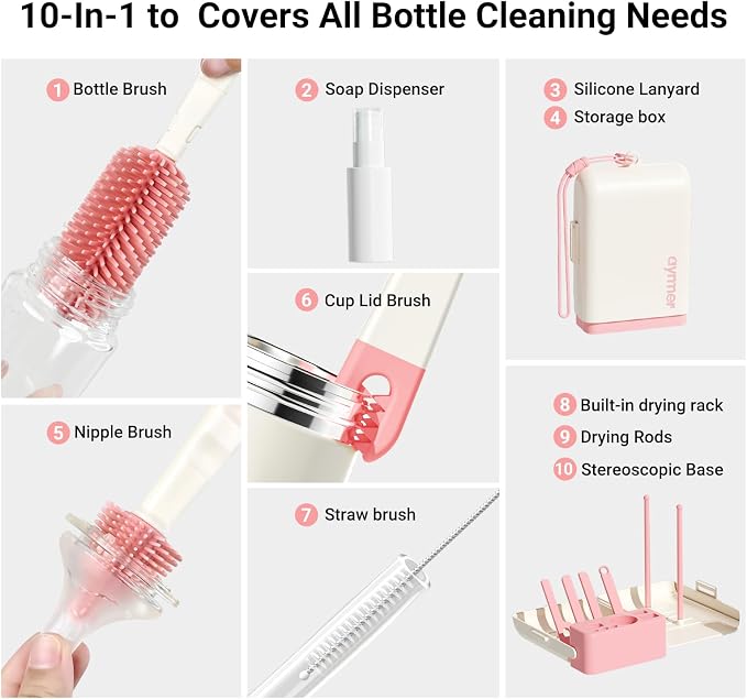 Baby Bottle Brush, 10 in 1 Travel Baby Bottle Cleaner Brush Set - Image 5