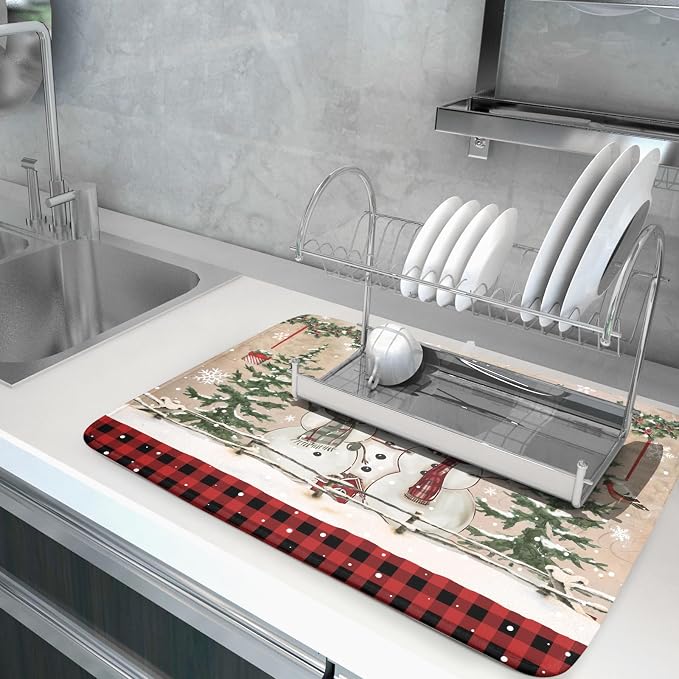 Winter Snowman Dish Drying Mat 18x24 Inch Red Buffalo Plaid Holiday Dish - Image 5