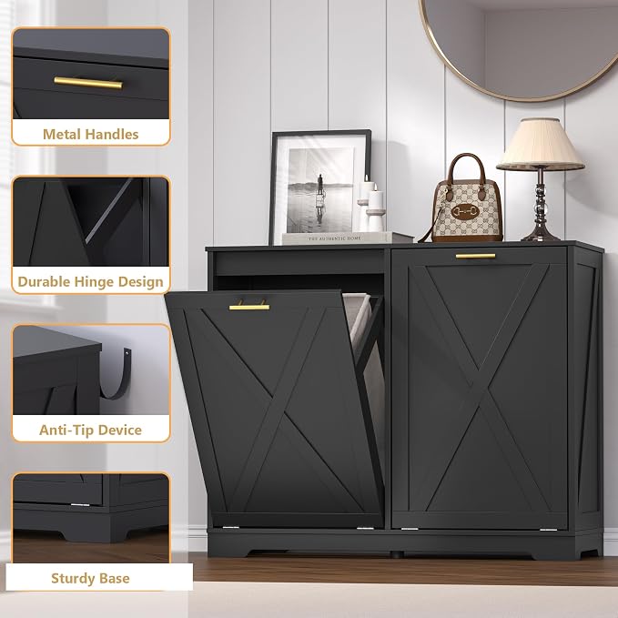 Tilt Out Trash Can Cabinet for 2 Bins, Hidden Recycle Garbage Bin Enclosure - Image 5