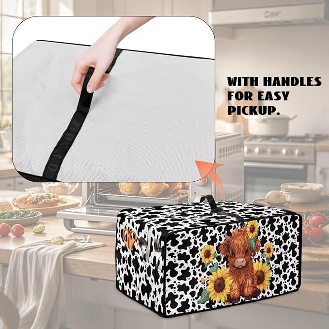 Microwave Oven Cover with Storage Pockets Waterproof Toaster Oven Dust Cover Universal Kitchen Appliance Protector, Cartoon Highland Cattle Sunflower Cow Print, L
