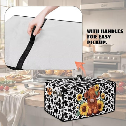Microwave Oven Cover with Storage Pockets Waterproof Toaster Oven Dust Cover Universal Kitchen Appliance Protector, Cartoon Highland Cattle Sunflower Cow Print, S