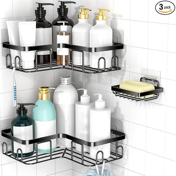 Moforoco Corner Shower Caddy Shelf Organizer Rack, Self Adhesive Black Bathroom by MOFOROCO