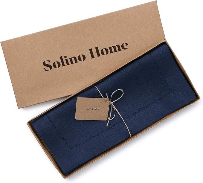 Solino Home Linen Navy Blue Table Runner 72 Inches Long - 100% Pure Linen Hemstitch Table Runner 14 x 72 Inch for Dresser, Dining, Winter, Christmas, New Year - Classic Hemstitch