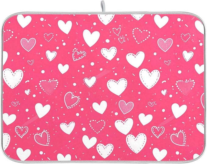 Hot Pink Love Dish Drying Mat for Kitchen Countertop 18x24 Happy Valentine’s by Wamika