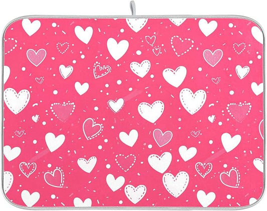 Hot Pink Love Dish Drying Mat for Kitchen Countertop 18x24 Happy Valentine’s by Wamika
