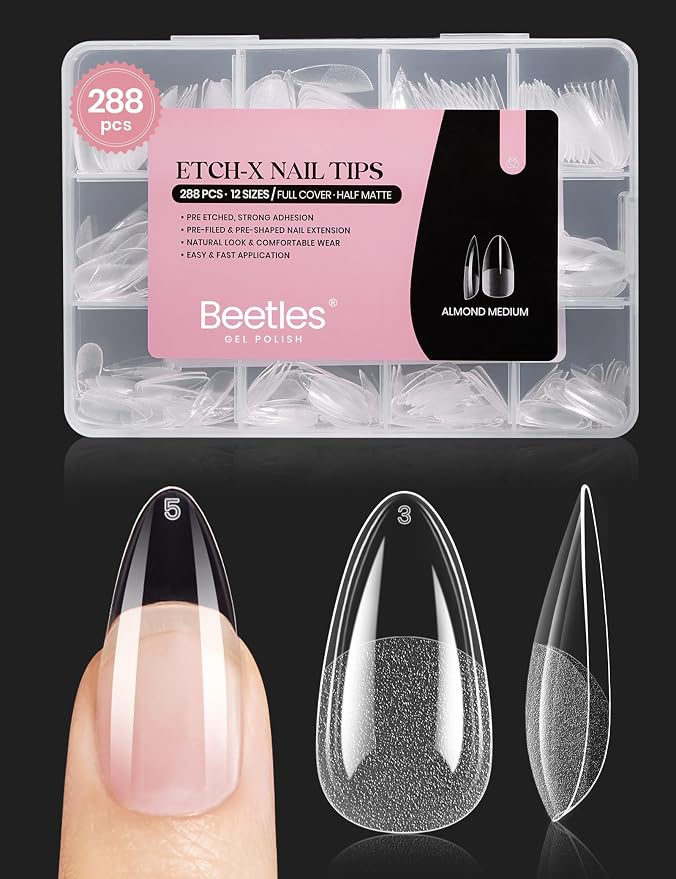 Beetles Gel Nail Tips Medium Almond Etch X, 12 Sizes 288 PCS Half Matte Full by beetlesGelPolish