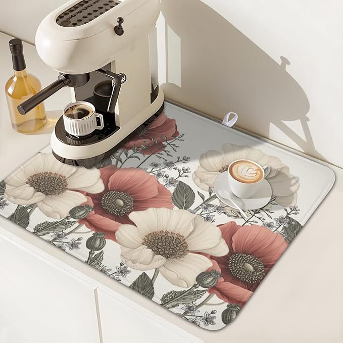 Floral Dish Drying Mat for Kitchen Counter 18x16 Inch Beige Pink Big Flower - Image 6