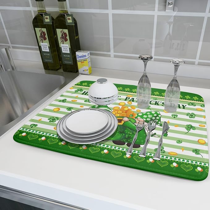 Shamrock Gnome Dish Drying Mat Coin Clover Dishes Fast Dry Mat 18x24 inch - Image 6