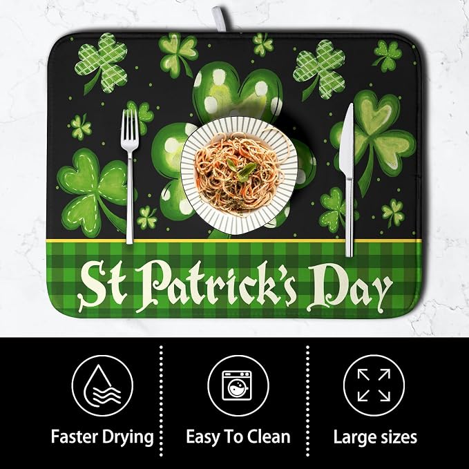 Happy St. Patrick's Day Kitchen Drying Mat Green Plaid Lucky Shamrock Clover - Image 4