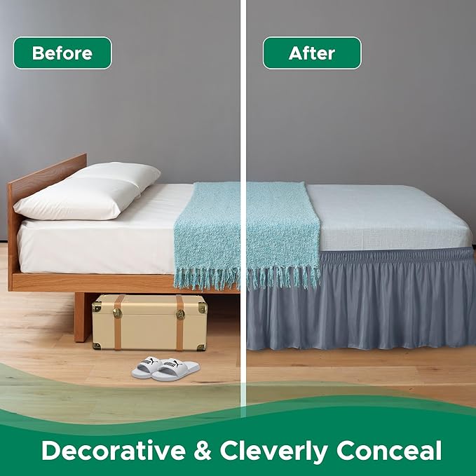 Biscaynebay Wrap Around Bed Skirts for King & Cal King Beds 16" Drop, Dark Grey Adjustable Elastic Dust Ruffles Easy Fit Wrinkle & Fade Resistant Silky Luxurious Fabric Solid Machine Washable