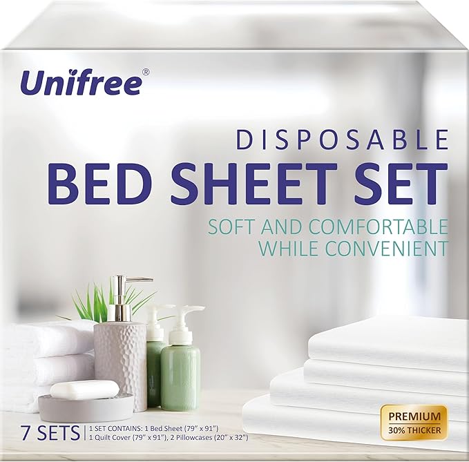 UNIFREE 7 Sets Disposable Bed Sheets Travel Sheets for Hotel,Portable Bedding Cover Bedspread, Disposable Bedding Set (79" *91")