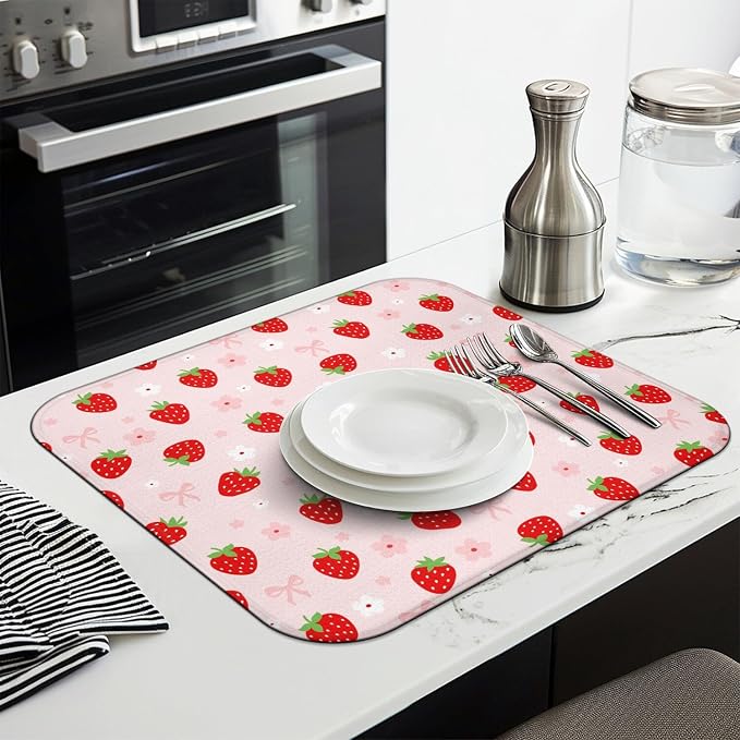 Strawberry Dish Drying Mat for Kitchen Counter, Washable Absorbent Kitchen - Image 4
