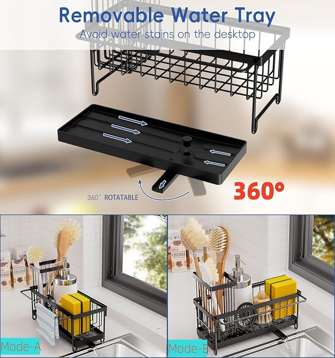 Sink Caddy Sponge Holder with Auto Draining Tray, Space-Saving Soap Dispenser - Image 4