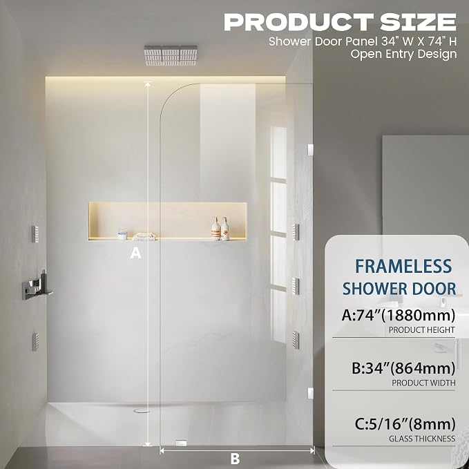 34" W ×74" H Shower Glass Panel, Frameless Fixed Glass Shower Panel - Image 2