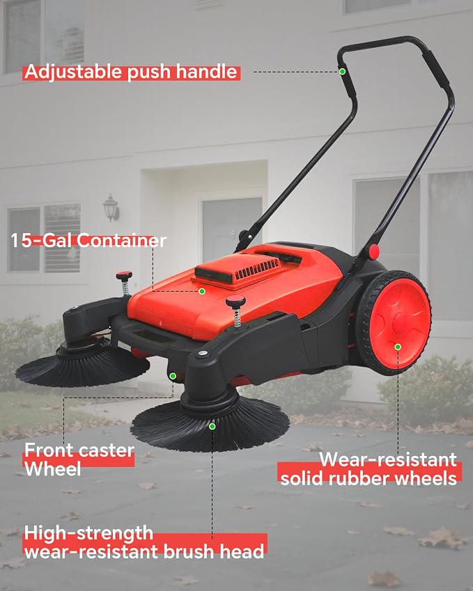 41" Walk-Behind Hand Push Floor Sweeper, 15 Gal Large Capacity, Folding Handle - Image 6