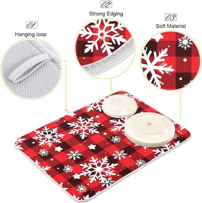 Snowflakes Christmas Checkered Plaid Dish Drying Mat - Image 4