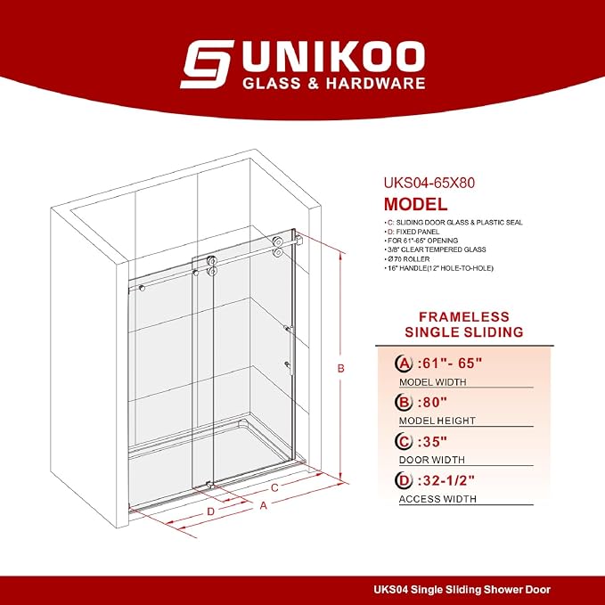 61-65 Inch x 80 Inch Sliding Frameless Shower Door, 3/8" Tempered Glass - Image 2