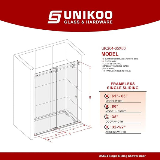 61-65 Inch x 80 Inch Sliding Frameless Shower Door, 3/8" Tempered Glass - Image 2
