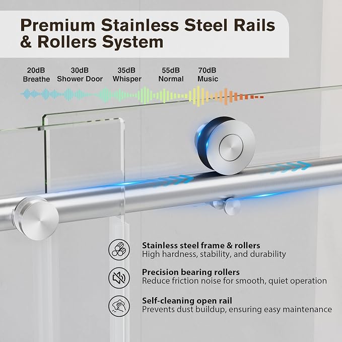 Frameless Glass Shower Door, 61-66" W x 76" H Sliding Frameless Shower Door - Image 8