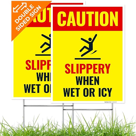 Caution Slippery When Wet or ICY Sign, Double Sided 9x12 Inches, Corrugated by SigoSigns