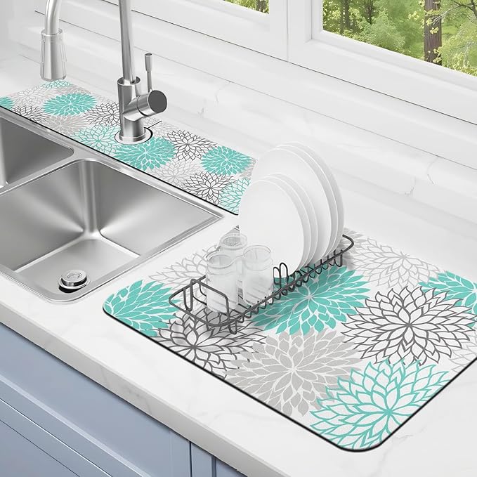 Dish Drying Mat for Kitchen Counter Matt, Super Absorbent Non-slip Rubber Backed by Kuyig+Home