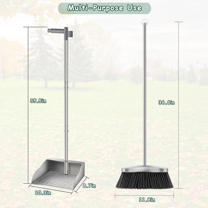 Dust Pans with Long Handle, Heavy Duty Metal Dust Pan with Handle, Upright - Image 2