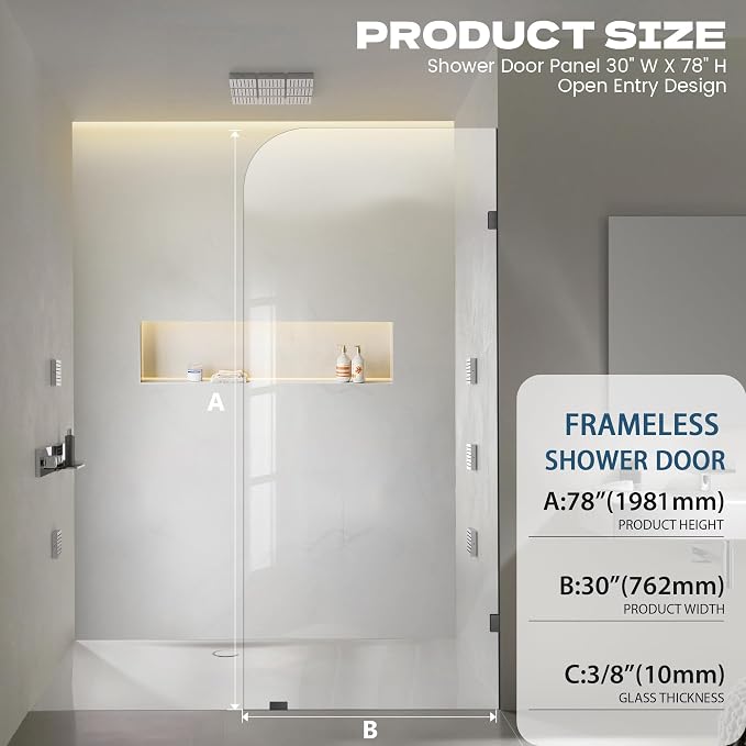 30" W ×78" H Shower Glass Panel, Frameless Fixed Glass Shower Panel - Image 2
