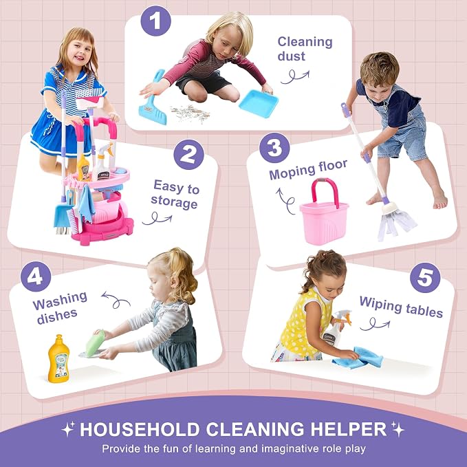 Jenilily Toddler Cleaning Set, Kids Cleaning Carts Toy Set, Detachable Kids Mop - Image 2